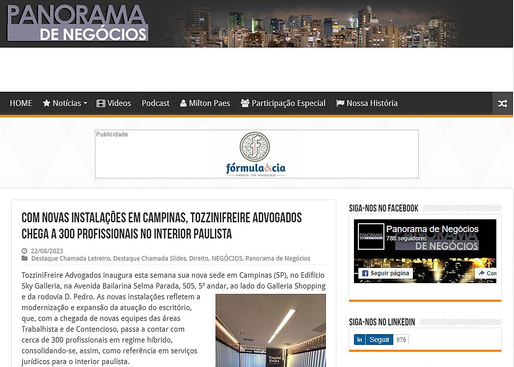 Com novas instalaes, TozziniFreire Advogados chega a 300 profissonais no interior Paulista